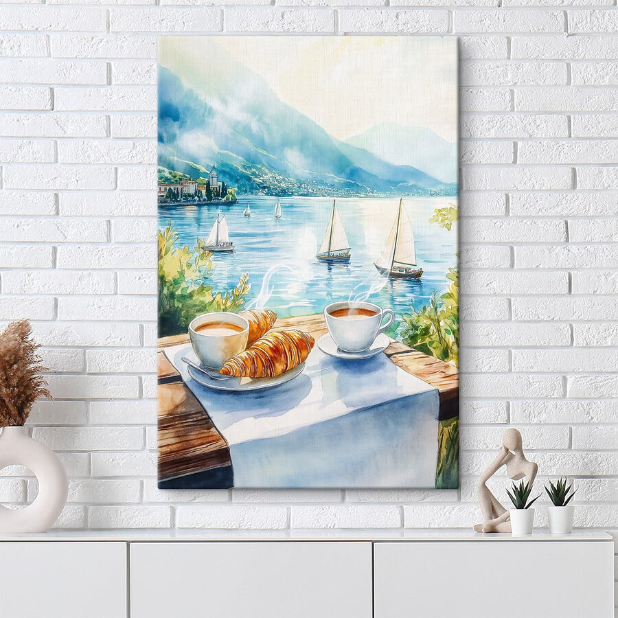 Peinture à l'aquarelle d'une table sur laquelle sont posés du café et des croissants