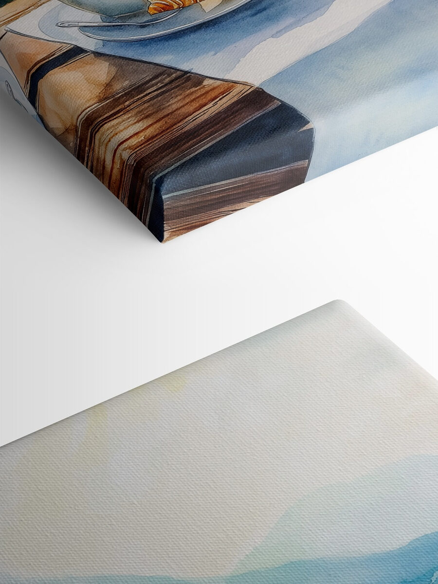 Peinture à l'aquarelle d'une table sur laquelle sont posés du café et des croissants
