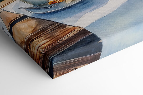 Peinture à l'aquarelle d'une table sur laquelle sont posés du café et des croissants Peinture à l'aquarelle d'une table sur laquelle sont posés du café et des croissants