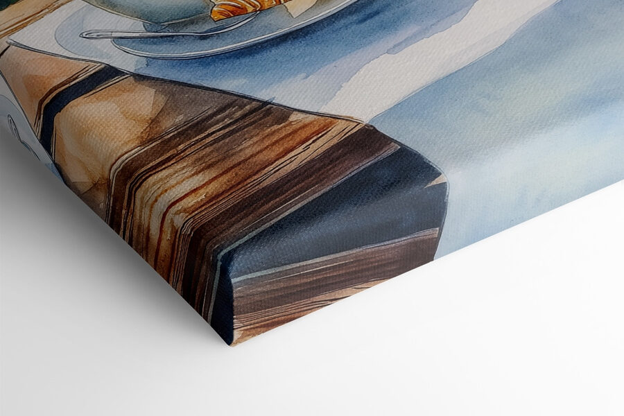 Peinture à l'aquarelle d'une table sur laquelle sont posés du café et des croissants