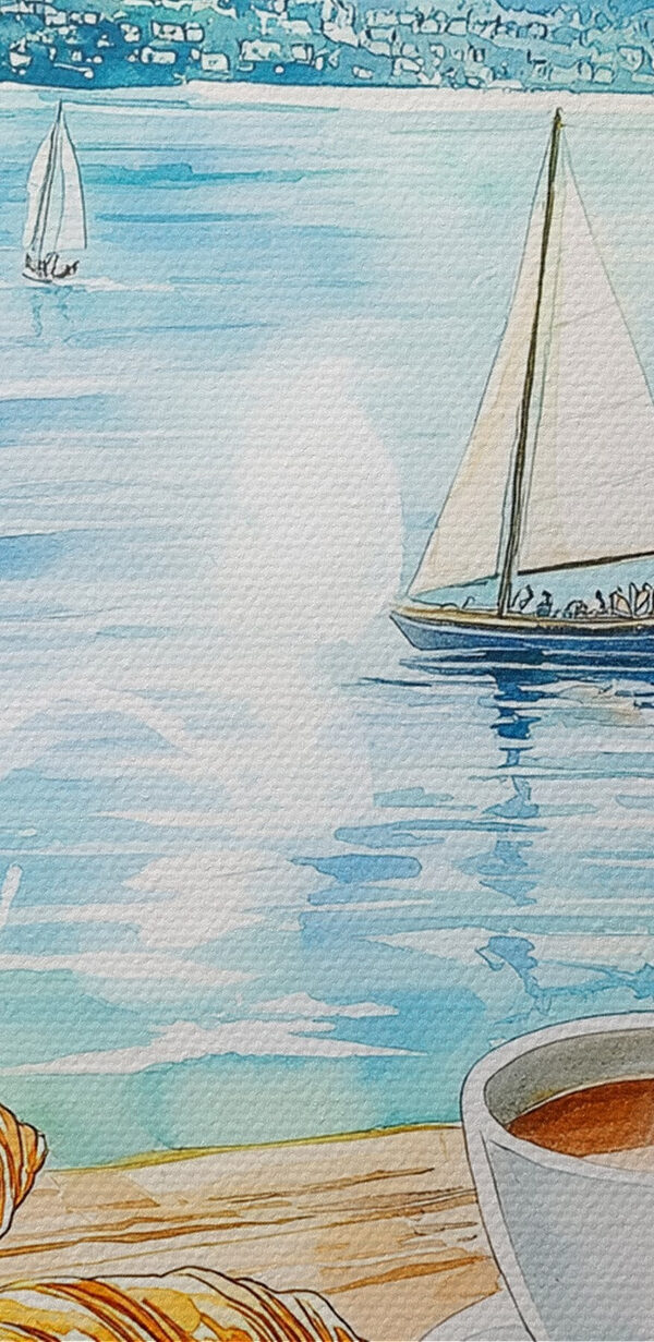 Peinture à l'aquarelle d'une table sur laquelle sont posés du café et des croissants Peinture à l'aquarelle d'une table sur laquelle sont posés du café et des croissants