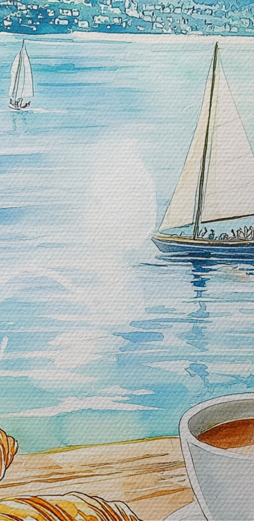 Peinture à l'aquarelle d'une table sur laquelle sont posés du café et des croissants
