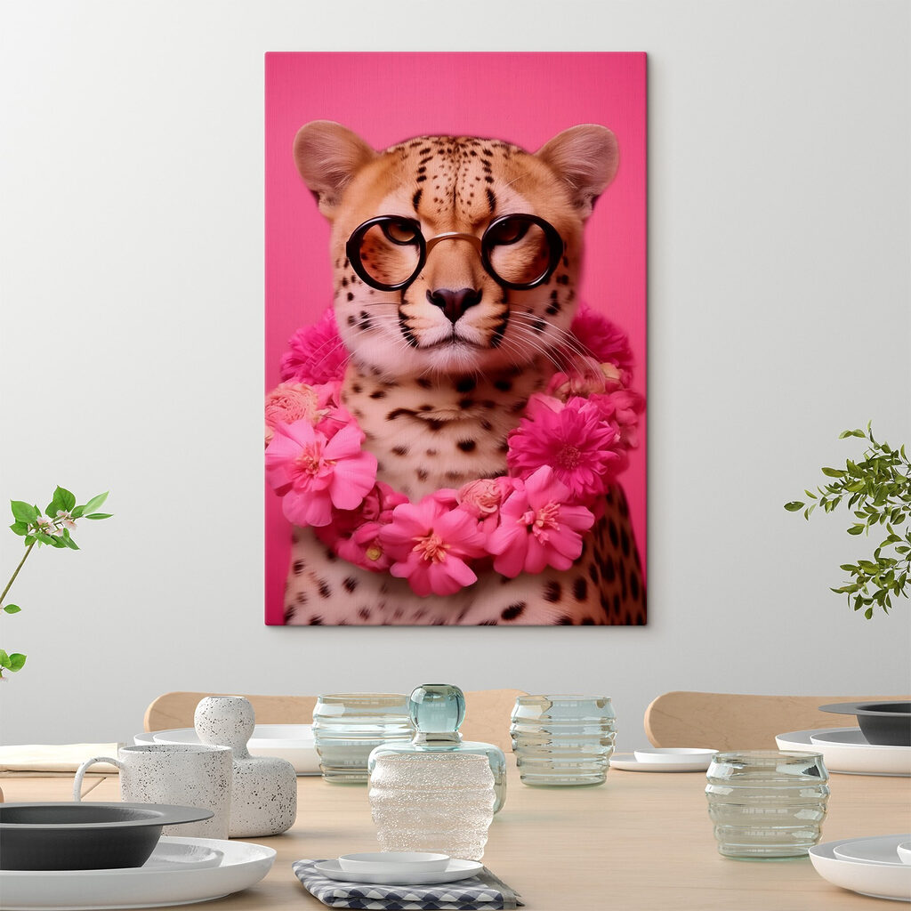 Leopard wearing glasses and a necklace of flowers
