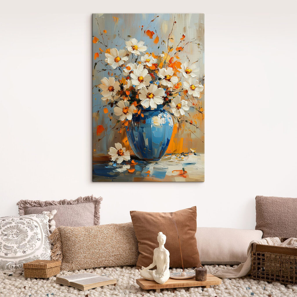 Painting of flowers in a blue vase