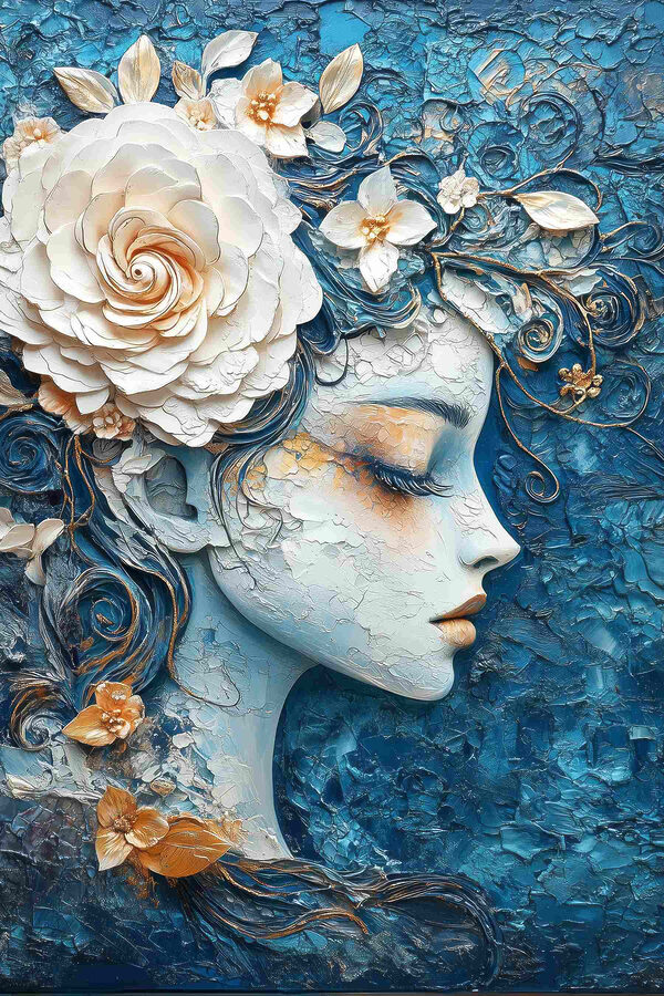 Peinture d'une femme avec des fleurs dans les cheveux Peinture d'une femme avec des fleurs dans les cheveux