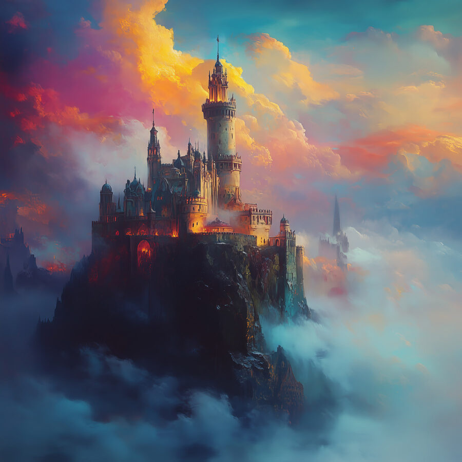 Château sur une montagne avec des nuages