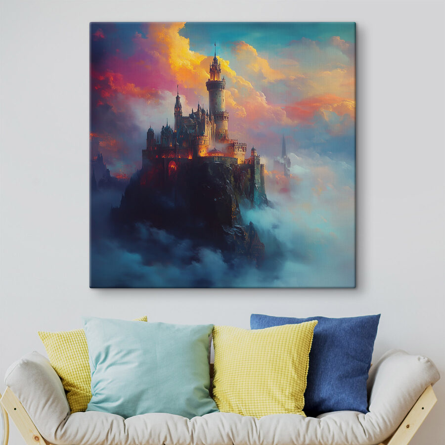Château sur une montagne avec des nuages