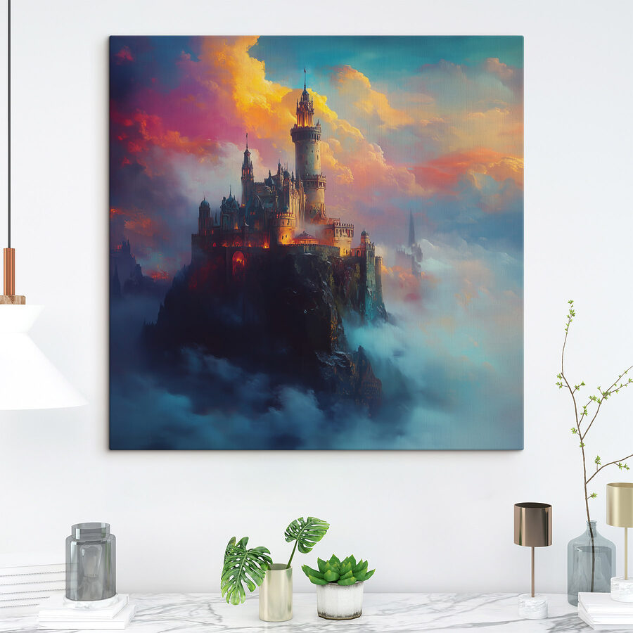 Château sur une montagne avec des nuages