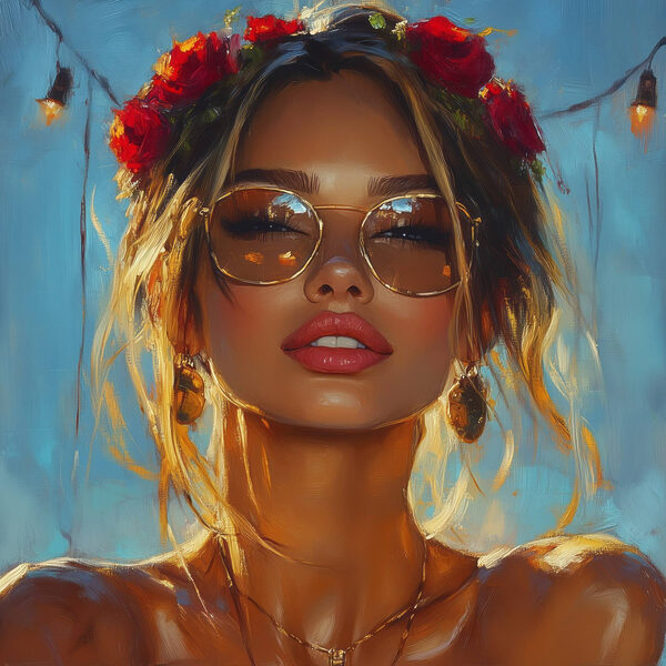Femme avec des fleurs dans les cheveux et des lunettes de soleil Femme avec des fleurs dans les cheveux et des lunettes de soleil