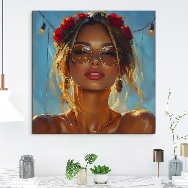 Femme avec des fleurs dans les cheveux et des lunettes de soleil Femme avec des fleurs dans les cheveux et des lunettes de soleil