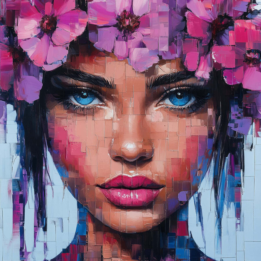 Peinture d'une femme avec des fleurs dans les cheveux Peinture d'une femme avec des fleurs dans les cheveux