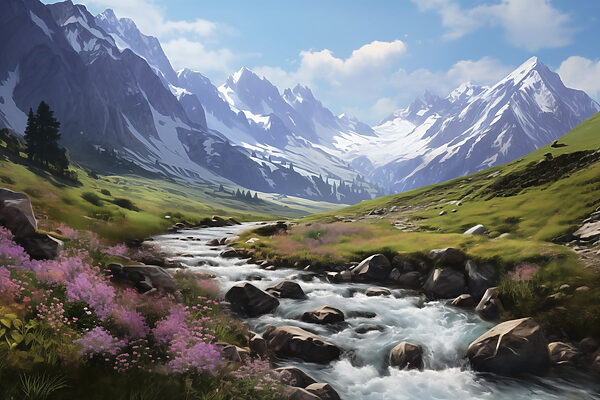 Rivière traversant une vallée avec des montagnes enneigées Rivière traversant une vallée avec des montagnes enneigées