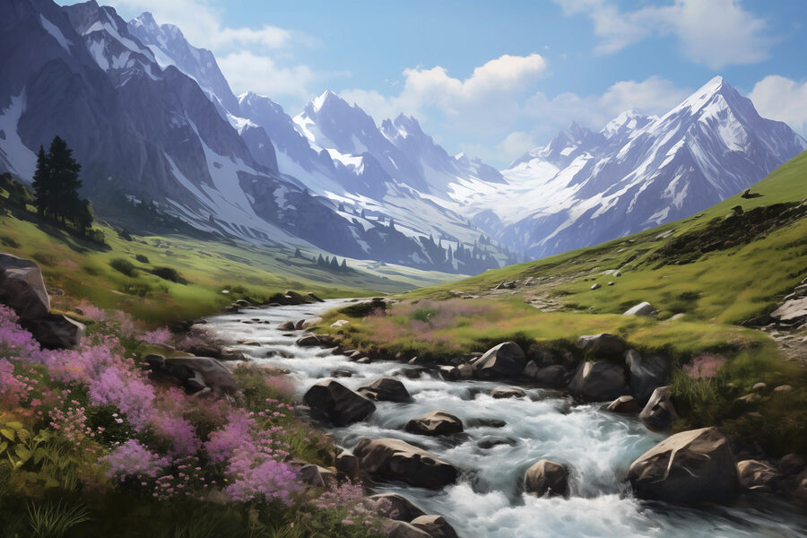 Rivière traversant une vallée avec des montagnes enneigées