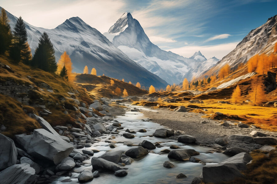 Rivière coulant dans une vallée avec des montagnes en arrière-plan