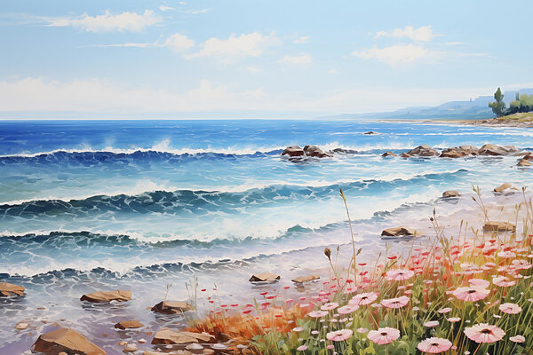 Painting of a beach with flowers and waves Painting of a beach with flowers and waves