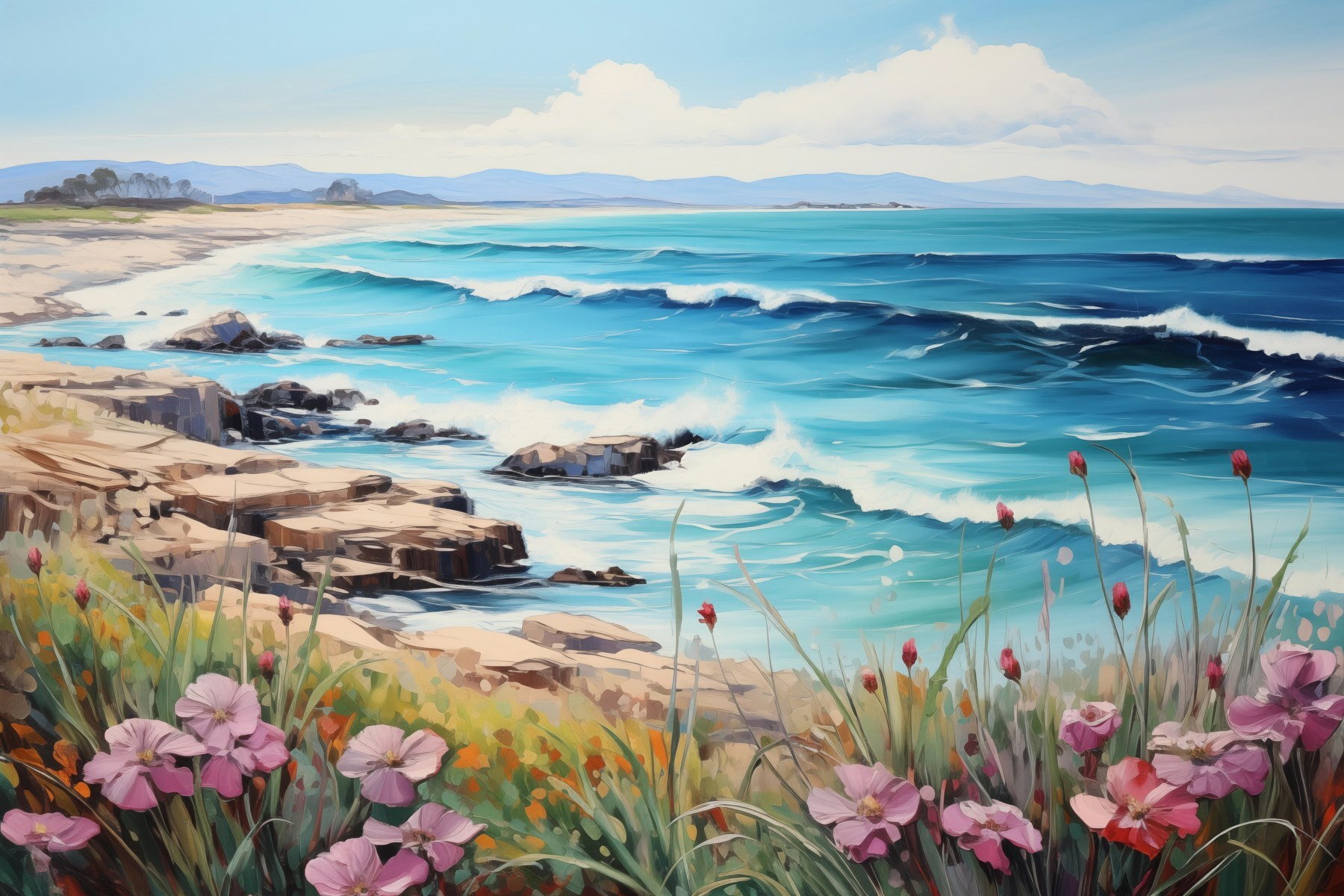Painting of a beach with flowers and waves