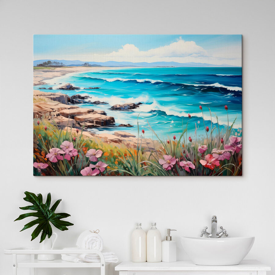 Peinture d'une plage avec des fleurs et des vagues Peinture d'une plage avec des fleurs et des vagues