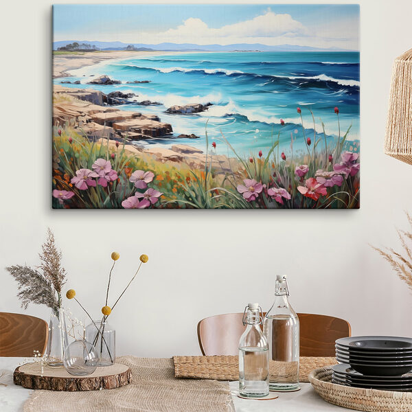 Peinture d'une plage avec des fleurs et des vagues Peinture d'une plage avec des fleurs et des vagues