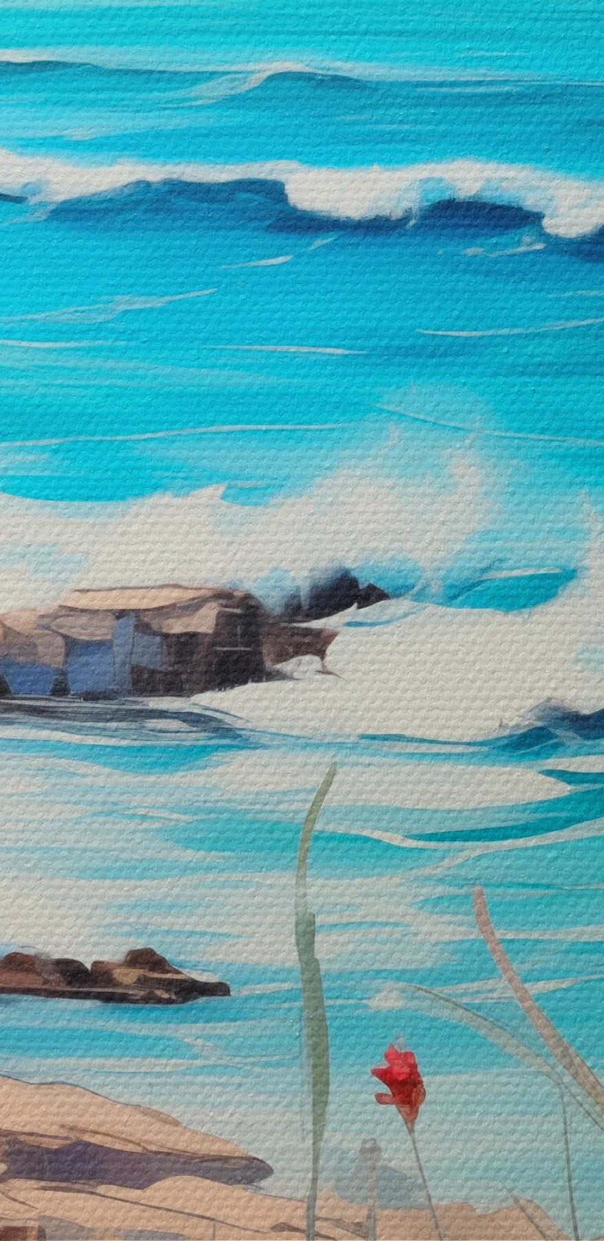 Peinture d'une plage avec des fleurs et des vagues Peinture d'une plage avec des fleurs et des vagues