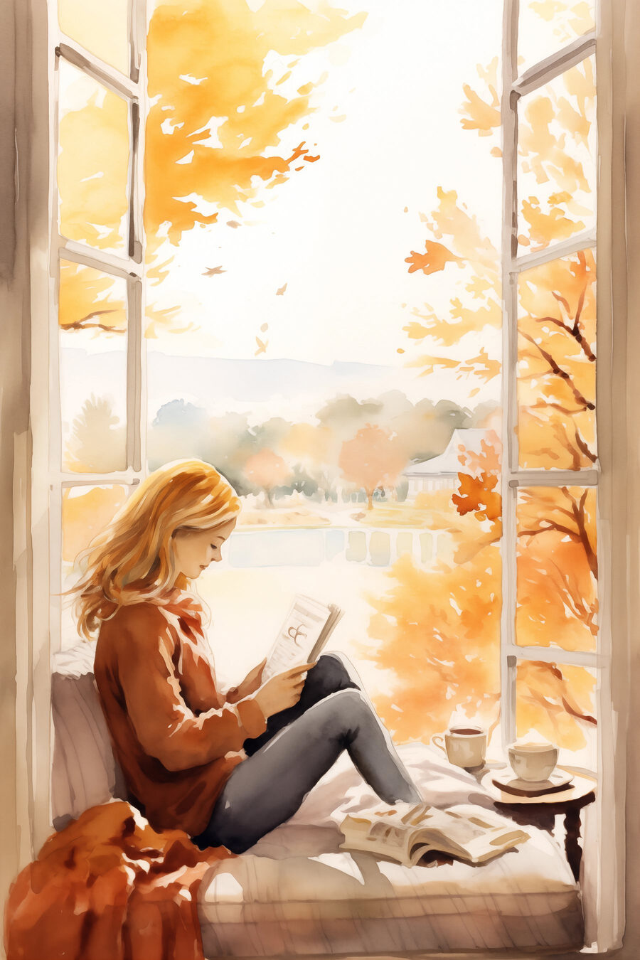 Femme assise sur le rebord d'une fenêtre et lisant un livre