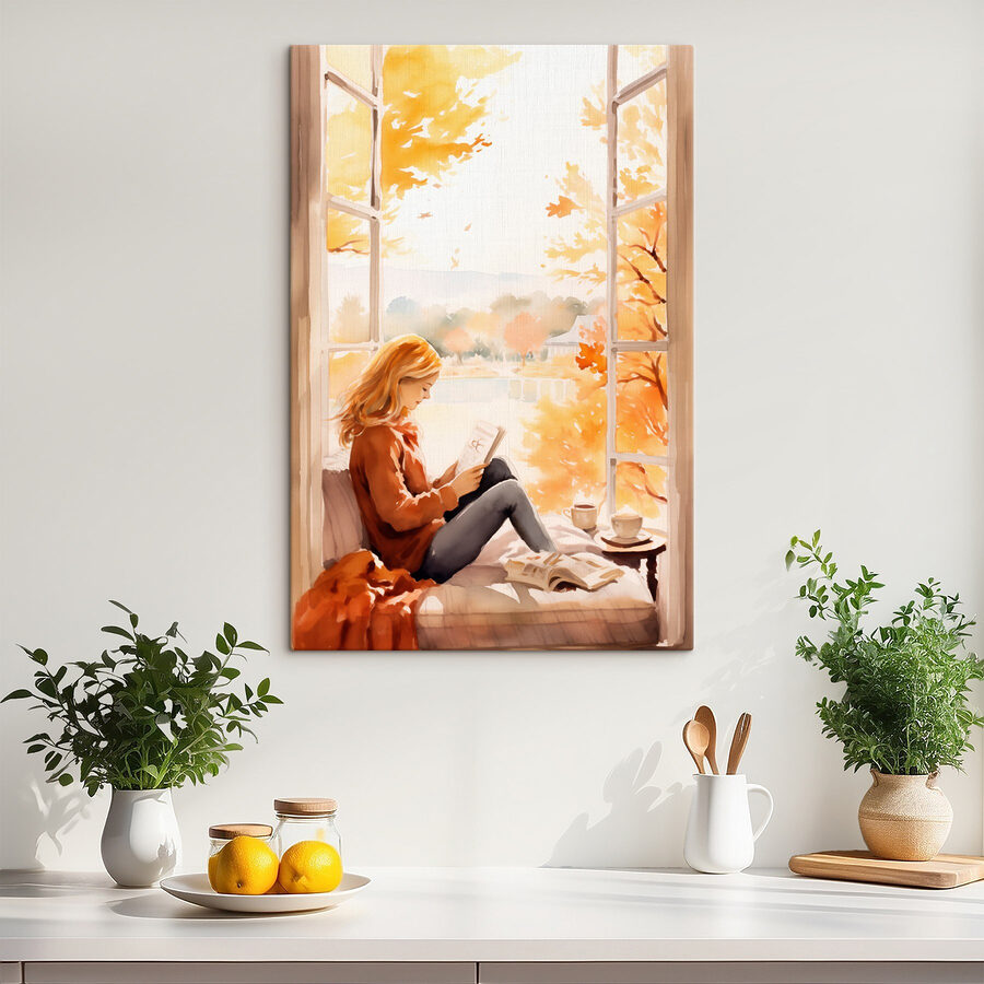 Femme assise sur le rebord d'une fenêtre et lisant un livre