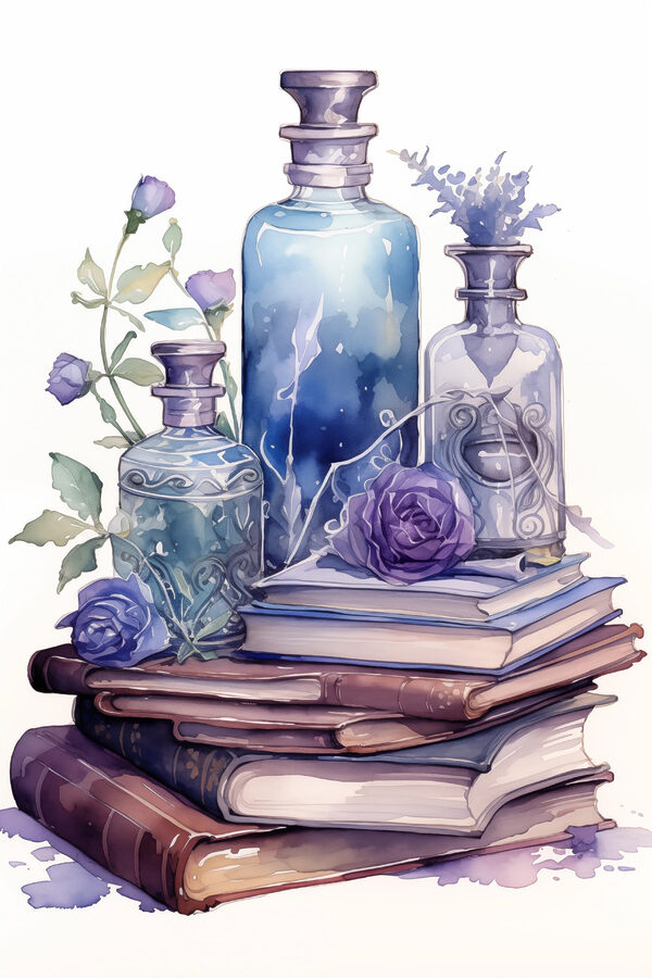 Peinture à l'aquarelle d'une pile de livres et de bouteilles Peinture à l'aquarelle d'une pile de livres et de bouteilles