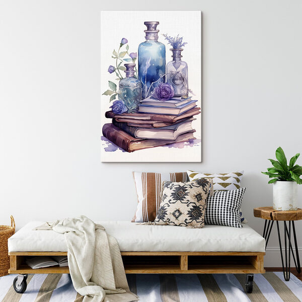 Peinture à l'aquarelle d'une pile de livres et de bouteilles Peinture à l'aquarelle d'une pile de livres et de bouteilles