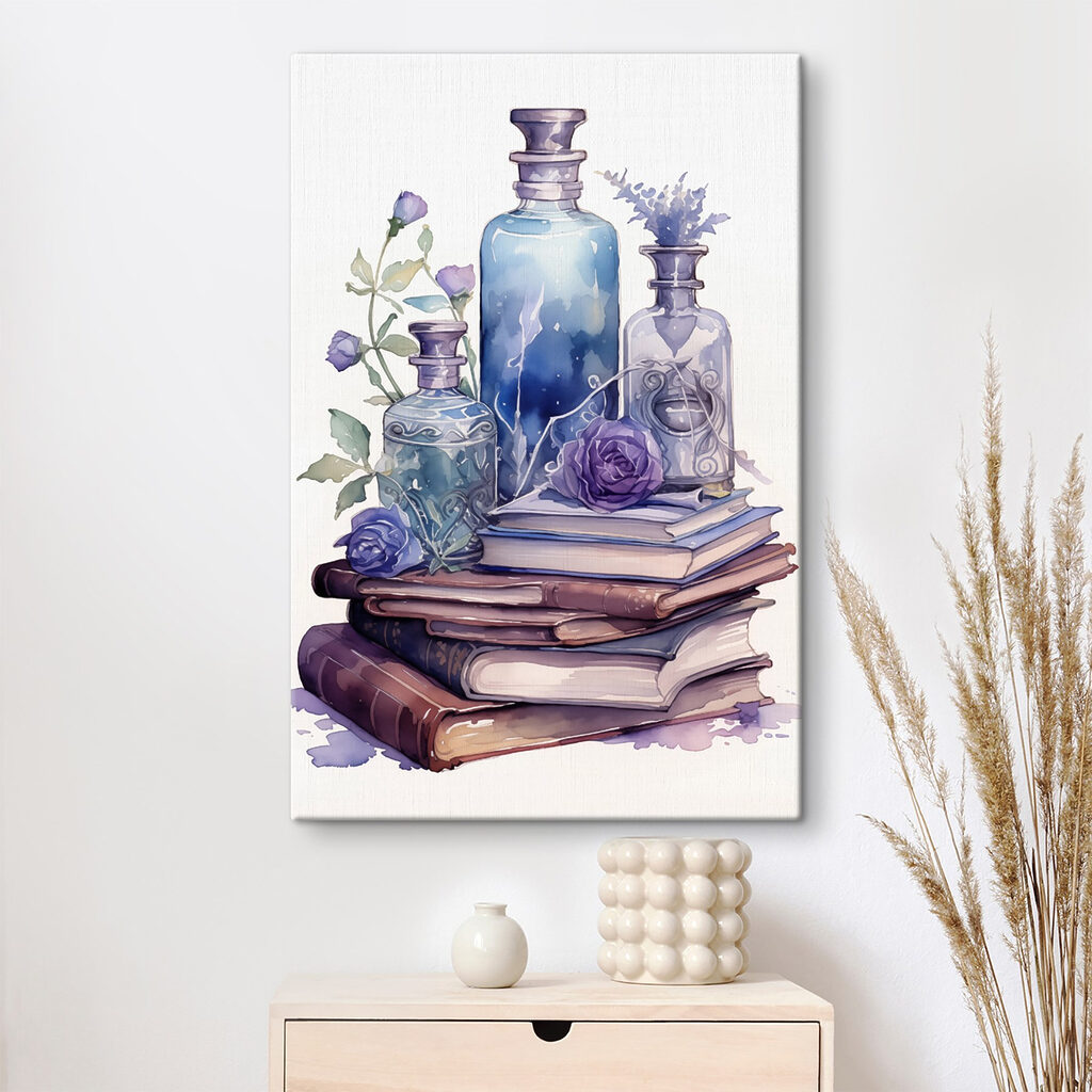 Watercolor painting of a stack of books and bottles