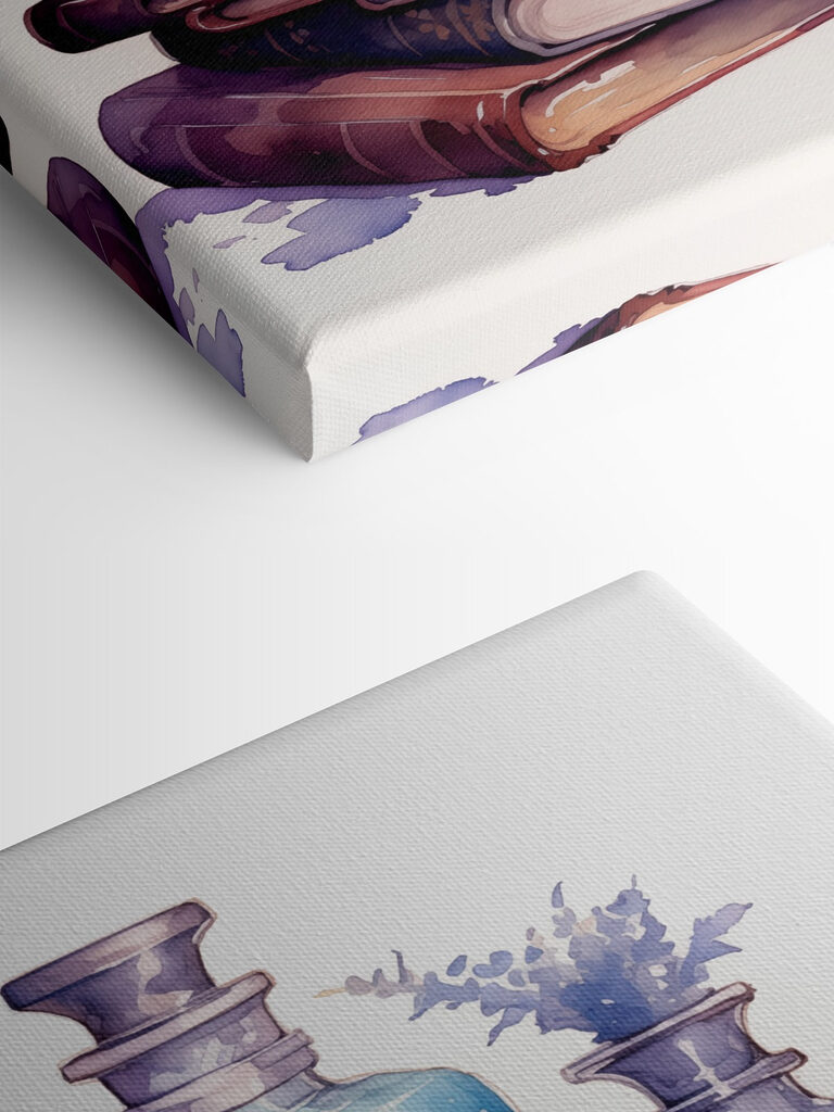 Watercolor painting of a stack of books and bottles