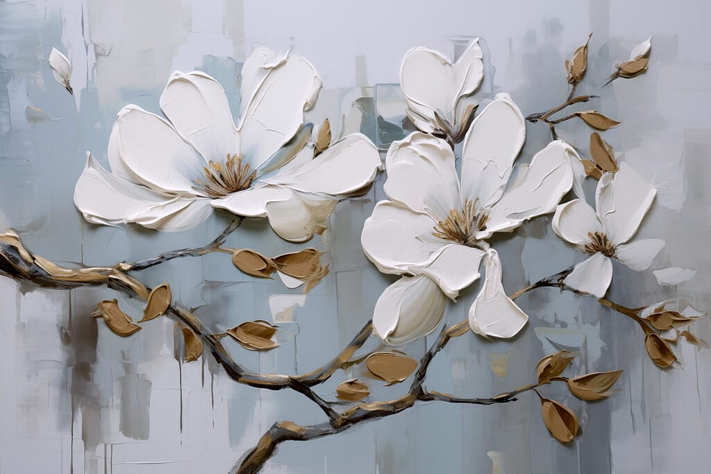 Painting of white flowers on a branch Painting of white flowers on a branch