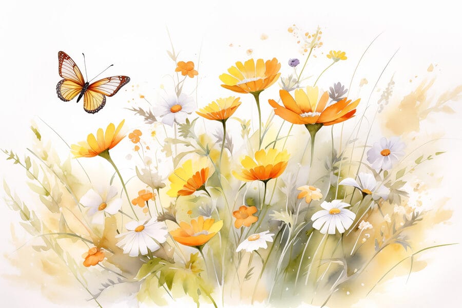 Papillon volant au-dessus d'une fleur jaune et blanche