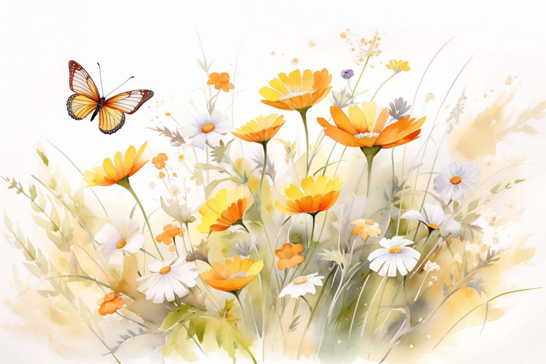 Butterfly flying over a yellow and white flowers