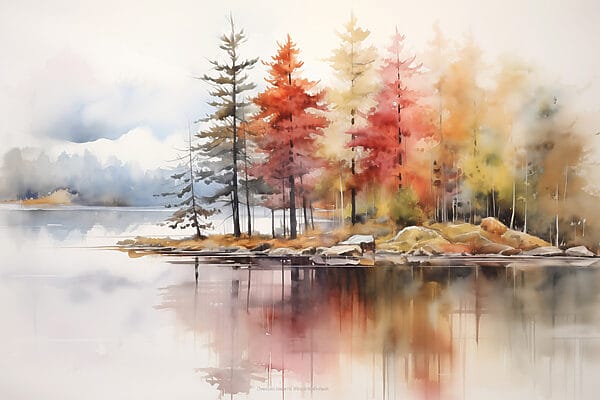 Aquarelle d'arbres et de rochers sur un lac Aquarelle d'arbres et de rochers sur un lac