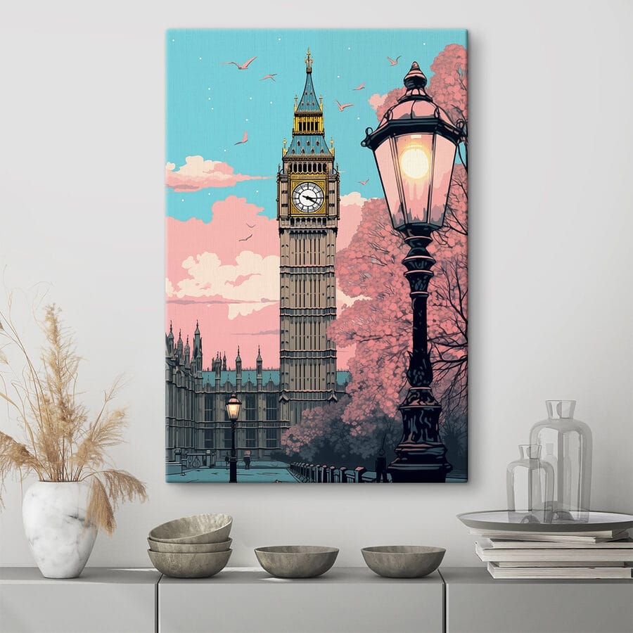 Tour d'horloge avec un lampadaire et des arbres