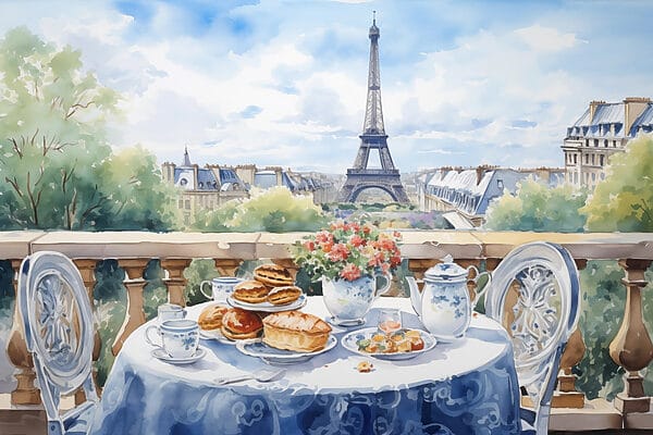 Peinture à l'aquarelle d'une table avec de la nourriture dessus Peinture à l'aquarelle d'une table avec de la nourriture dessus