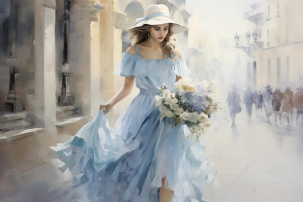 Femme en robe bleue tenant des fleurs Femme en robe bleue tenant des fleurs