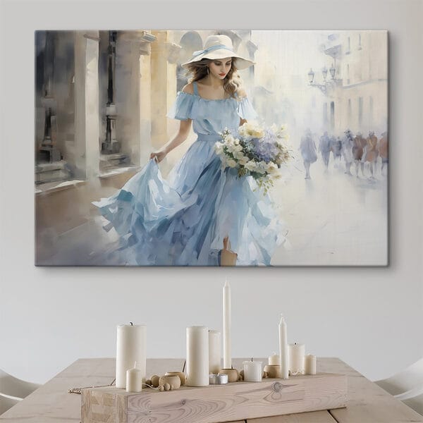 Femme en robe bleue tenant des fleurs Femme en robe bleue tenant des fleurs