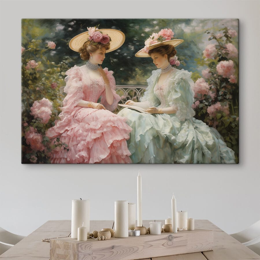 Peinture de femmes en robes et chapeaux