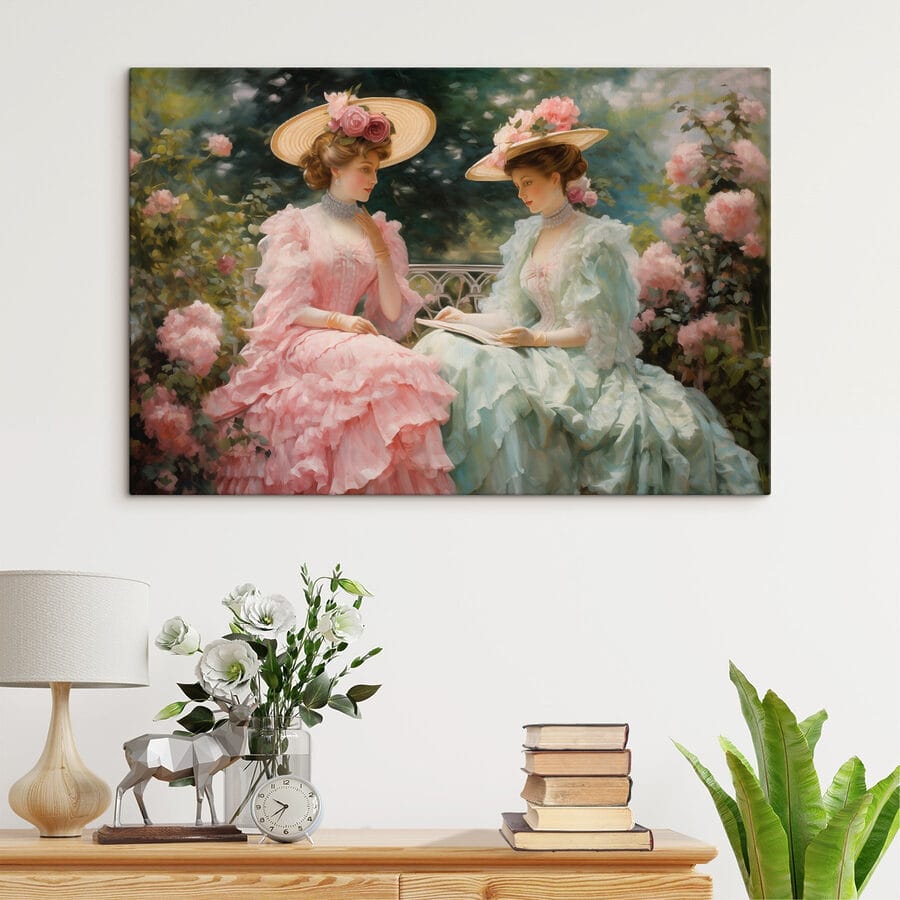 Peinture de femmes en robes et chapeaux