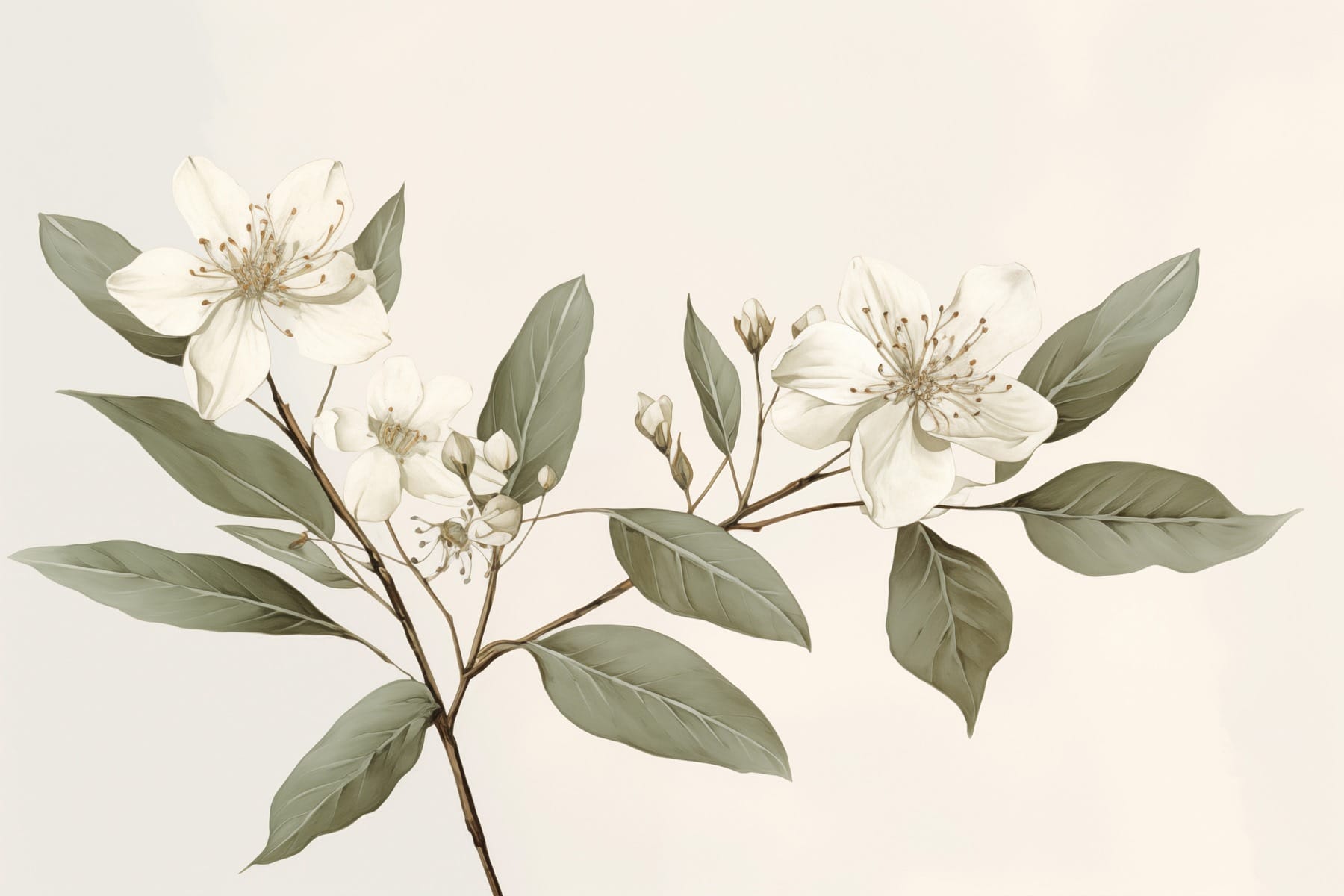 White flowers and leaves on a branch