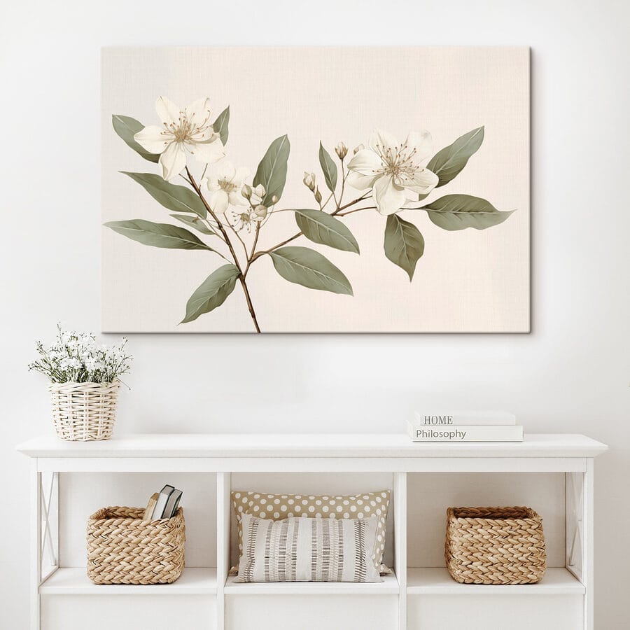 Fleurs et feuilles blanches sur une branche