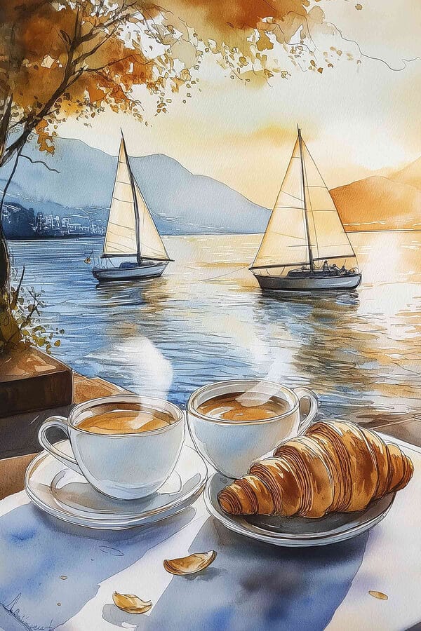 Aquarelle de deux tasses de café et d'un croissant sur une table Aquarelle de deux tasses de café et d'un croissant sur une table