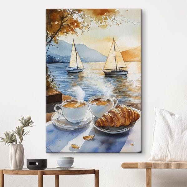 Aquarelle de deux tasses de café et d'un croissant sur une table Aquarelle de deux tasses de café et d'un croissant sur une table