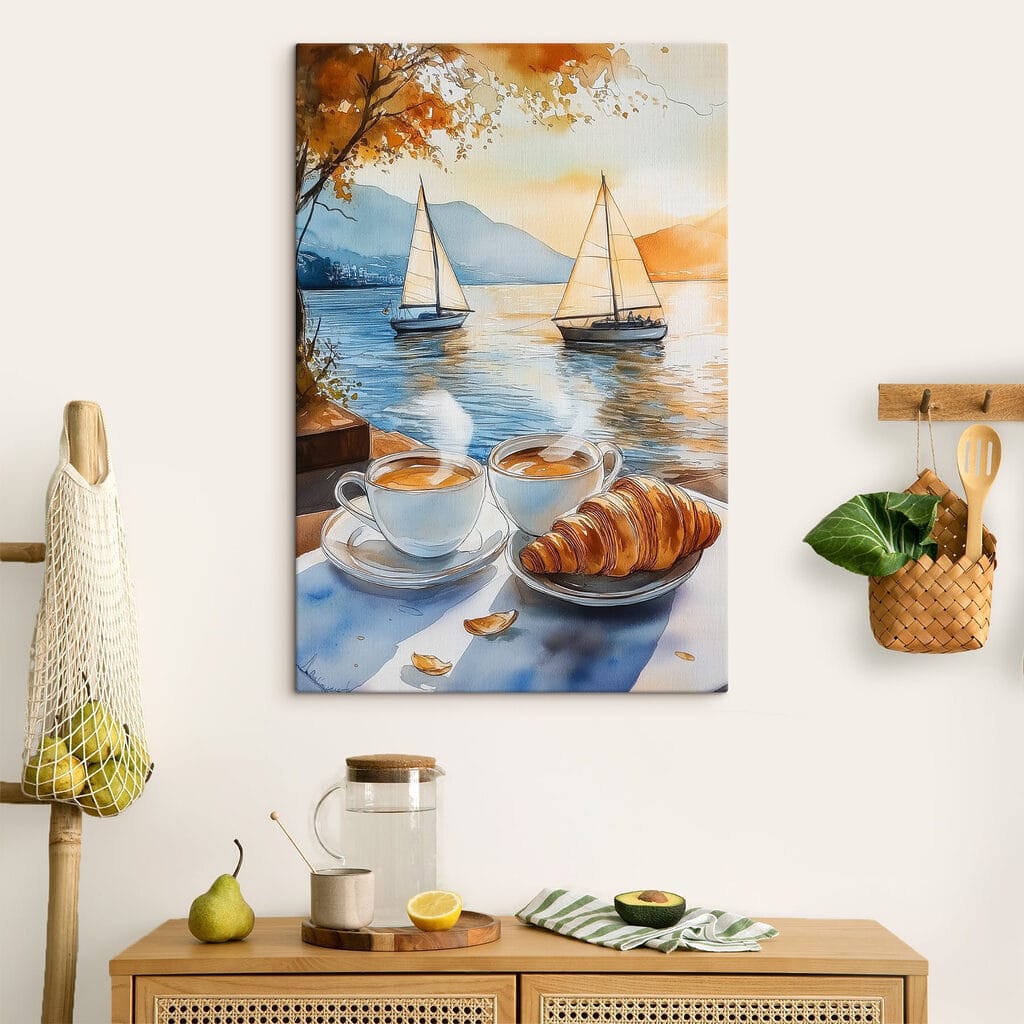 Watercolor of two cups of coffee and a croissant on a table