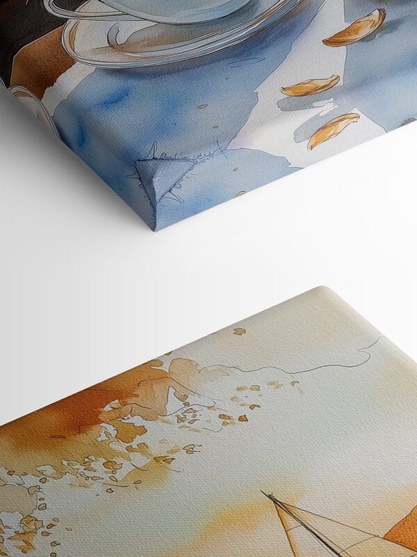 Aquarelle de deux tasses de café et d'un croissant sur une table Aquarelle de deux tasses de café et d'un croissant sur une table