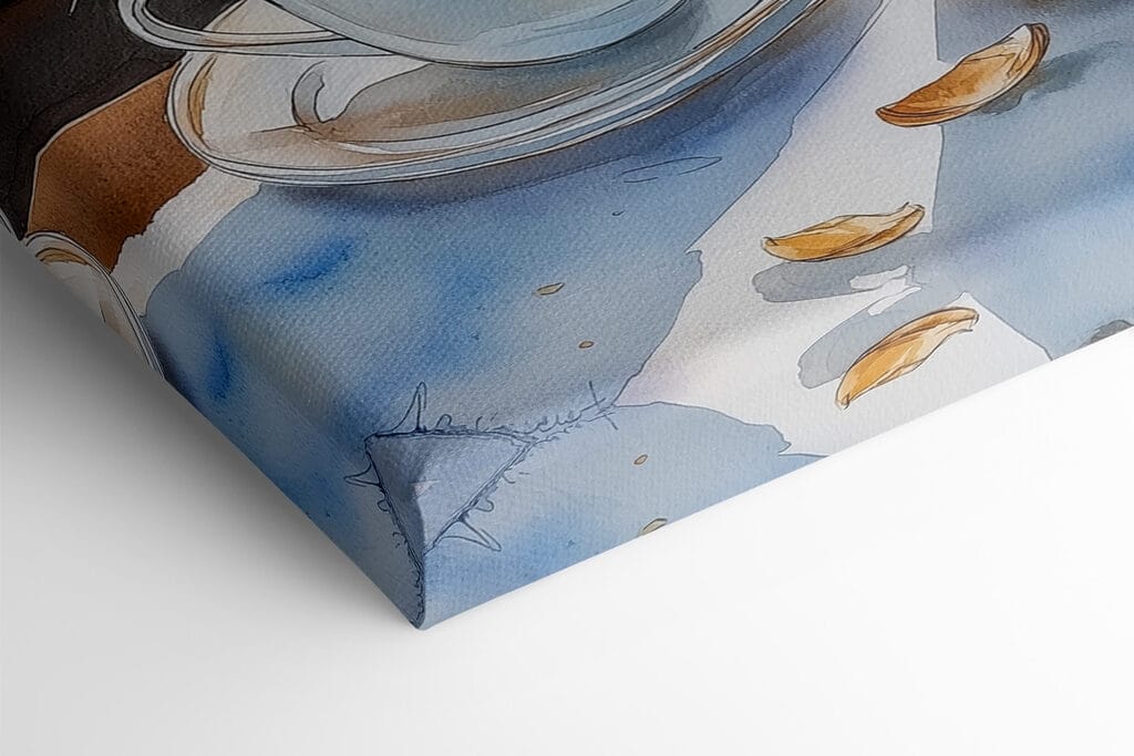 Watercolor of two cups of coffee and a croissant on a table