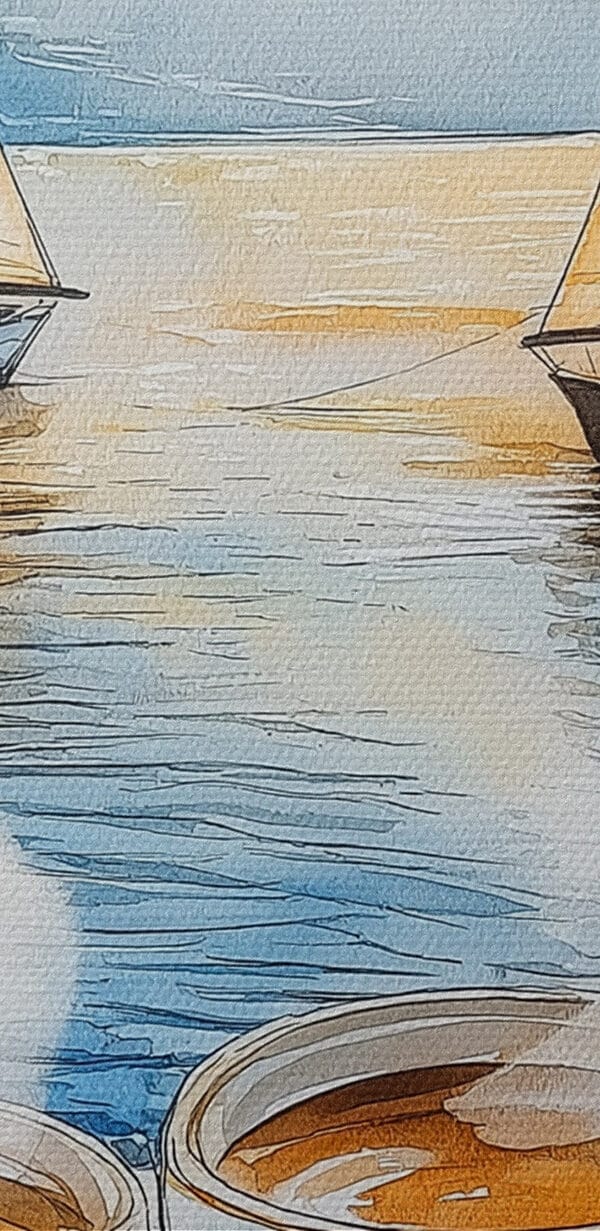 Aquarelle de deux tasses de café et d'un croissant sur une table Aquarelle de deux tasses de café et d'un croissant sur une table