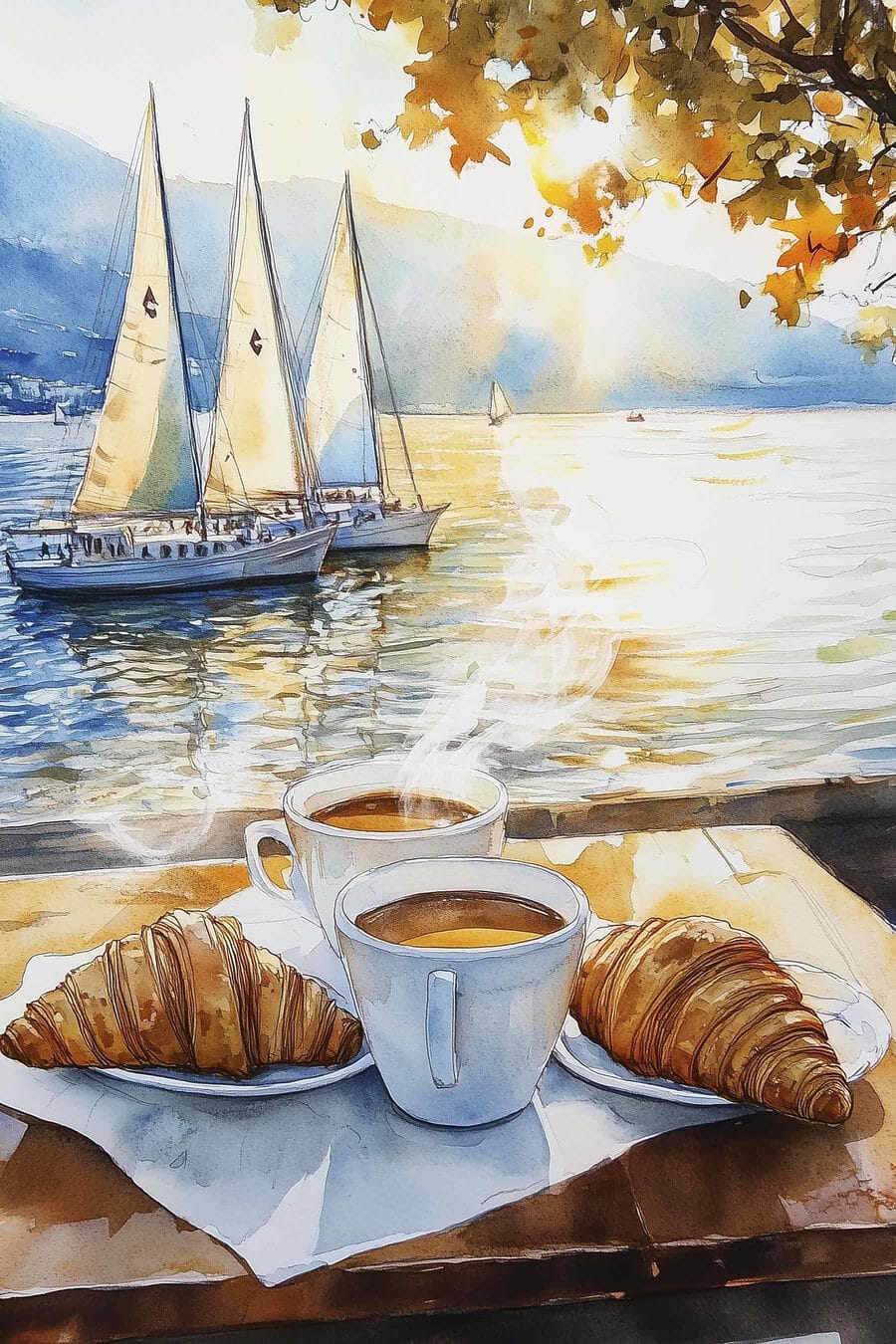 Aquarelle d'une table avec café et croissants