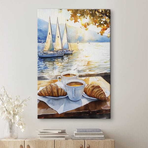 Aquarelle d'une table avec café et croissants Aquarelle d'une table avec café et croissants