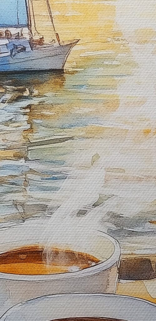 Watercolor painting of a table with coffee and croissants